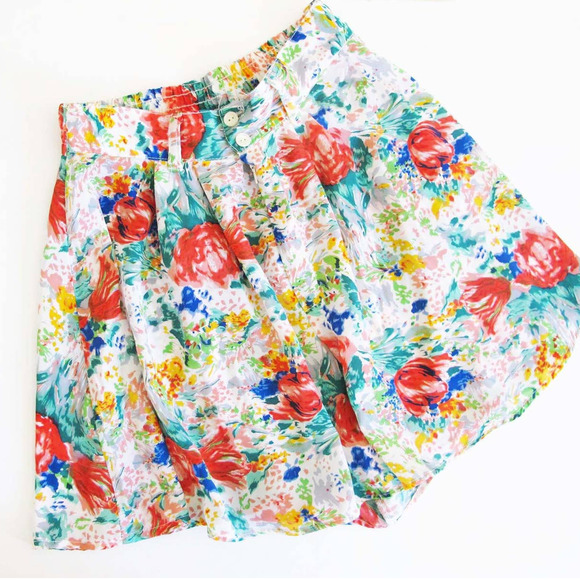 Vintage 90s Floral High Waist Shorts S M - 1990s Skort Mini Skirt Elastic Waist - Picture 1 of 7